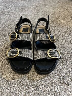 Dolce Vita Black and White Tweed Buckle Platform Sandals